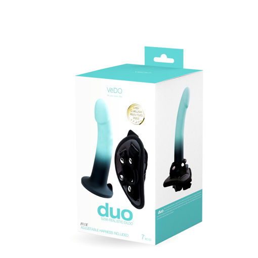 Picture of DUO SILICONE DILDO (NON VIBRATING) WITH HARNESS- TURQUOISE/BLACK